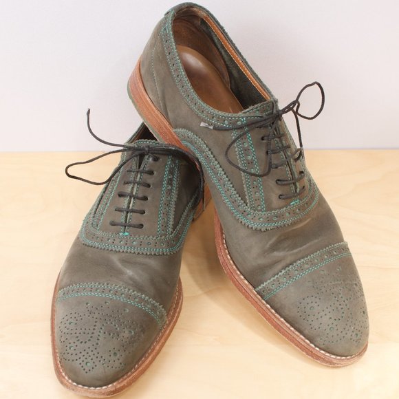 John Fluevog Brandenburg 9 Green Perforated Cap-Toe Oxford Gateways Leather Sole - Picture 1 of 8